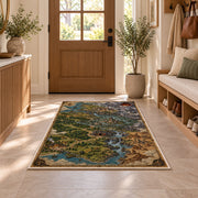 Fantasy river valley map rug with forest settlements and mountain fortress in a sunny entryway