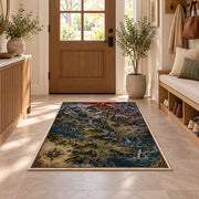 Dark mountain map rug with fiery volcano, waterfalls, and castles in a sunny entryway