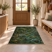 Enchanted swamp map rug with green marsh islands and winding blue waterways in a sunny entryway