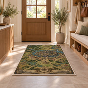 Medieval walled city map rug with surrounding rivers, roads, and compass in a sunny entryway