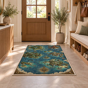 Fantasy archipelago map rug with blue ocean, castle islands, and sailing vessels in a sunny entryway