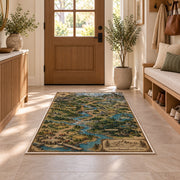 Fantasy trade route map rug with winding rivers, bridges, and woodland towns in a sunny entryway