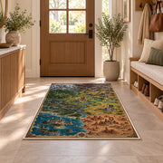 Fantasy campaign map rug with colorful kingdoms, flags, castles, and coastal terrain in a sunny entryway