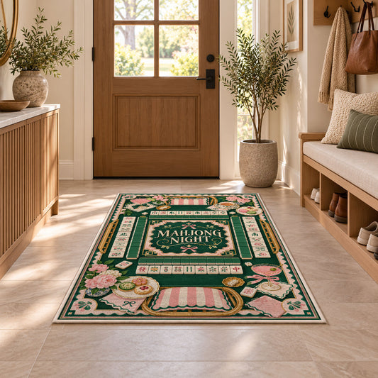 Green and pink mahjong night rug in a sunny entryway