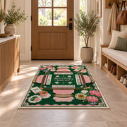 Green Mahjong Table Rug with Pink Floral Tea Details in a sunny entryway
