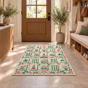 Cream Mahjong Tile Rug with Pink Floral Border in a sunny entryway