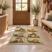 Vintage forest forager mushroom chart rug in a sunny entryway
