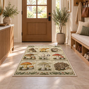 Vintage wild mushroom identification chart rug in a sunny entryway