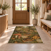 Autumn woodland path with toadstools rug in a sunny entryway