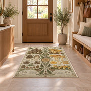 Vintage morel and chanterelle botanical study rug in a sunny entryway