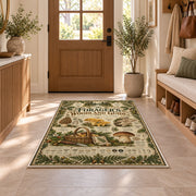 Vintage forager's woodland guide rug in a sunny entryway
