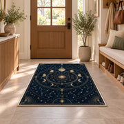 Navy and gold celestial zodiac wheel rug in a sunny entryway