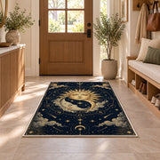 Sun and moon faces celestial rug in a sunny entryway