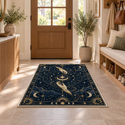 Mystic hands reaching for a crescent moon rug in a sunny entryway