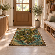 Vintage skull island treasure map rug in a sunny entryway
