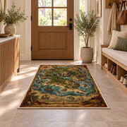 Vintage skull mountain pirate map rug in a sunny entryway