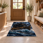 Black pirate ship in a stormy sea rug in a sunny entryway