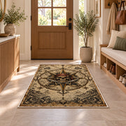 Pirate skull compass rose with crossed swords rug in a sunny entryway