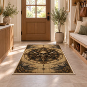 Sepia skull compass with crossed cutlasses rug in a sunny entryway