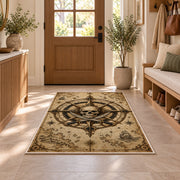 Light parchment skull nautical chart rug in a sunny entryway