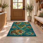 Pirate archipelago map with volcano and skull island rug in a sunny entryway