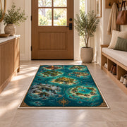 Tropical atoll pirate map rug in a sunny entryway