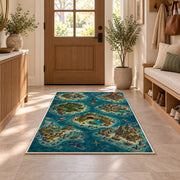 Pirate cove island map with shipwreck and sharks rug in a sunny entryway