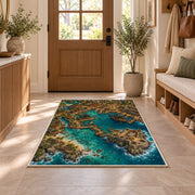 Aerial pirate harbor town with fortress rug in a sunny entryway