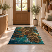 Aerial pirate port city with docks rug in a sunny entryway
