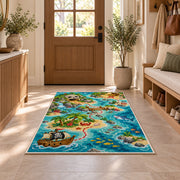 Cartoon kids pirate treasure map rug in a sunny entryway