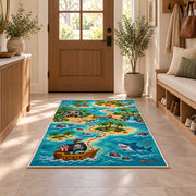 Cartoon pirate adventure island map rug in a sunny entryway