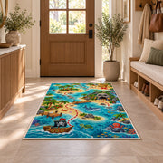 Cartoon treasure hunt map with sea animals rug in a sunny entryway