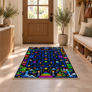 Pixel arcade maze with castle level rug in a sunny entryway