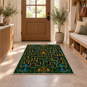 Jungle temple pixel maze rug in a sunny entryway