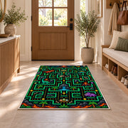 Dinosaur jungle arcade maze rug in a sunny entryway