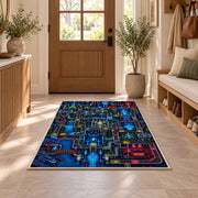 Futuristic sci-fi city circuit maze rug in a sunny entryway