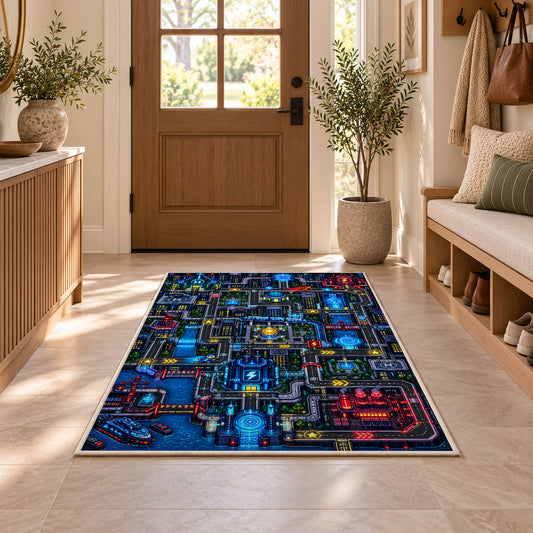 Futuristic sci-fi city circuit maze rug in a sunny entryway