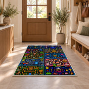 Multi-level arcade game board rug in a sunny entryway