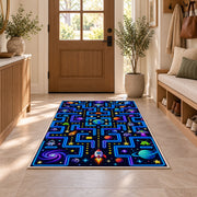 Outer space arcade maze rug in a sunny entryway