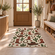Western icons pattern rug in an entryway with a wooden door and bench