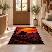 Cowboy sunset rider rug in an entryway with a wooden door and bench