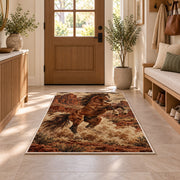 Wild mustang rug in an entryway with a wooden door and bench