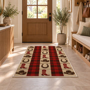 Cowboy plaid check rug in an entryway with a wooden door and bench