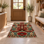 Embroidered red boots rug in an entryway with a wooden door and bench