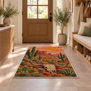 Desert longhorn sunset rug in an entryway with a wooden door and bench
