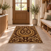 Tooled leather horseshoe rug in an entryway with a wooden door and bench
