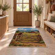 Ranch gate and barn rug in an entryway with a wooden door and bench