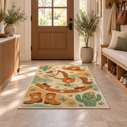 Little cowboy nursery rug in an entryway with a wooden door and bench