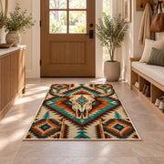 Longhorn Aztec rug in an entryway with a wooden door and bench