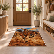 Rodeo bronc rider rug in an entryway with a wooden door and bench